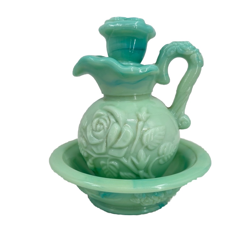 Avon Mini Pitcher Bowl Stopper Vintage 1976 Jadeite Green Swirl Milk Glass Roses